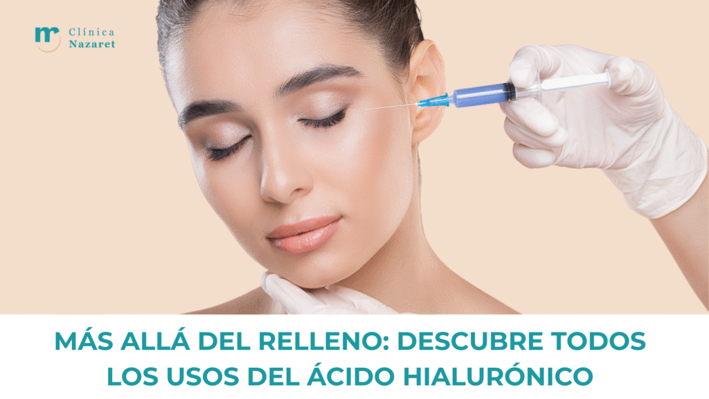 Aplicación de ácido hialurónico en el rostro de una mujer joven con piel luminosa, representando tratamientos de rejuvenecimiento facial en Clínica Nazaret