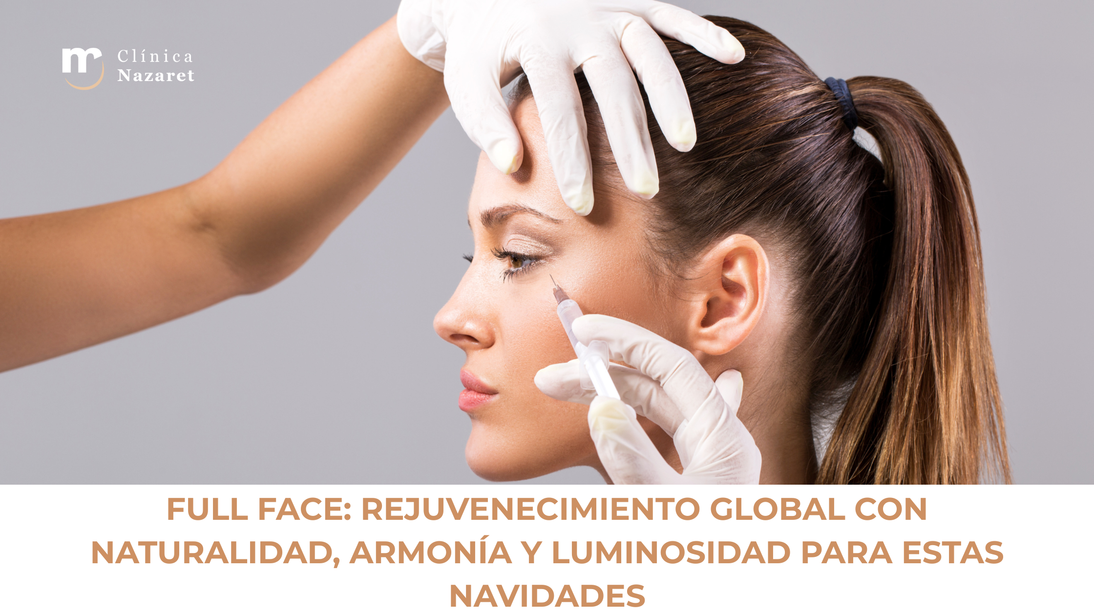 Mujer recibiendo un tratamiento médico-estético facial con inyectables en la zona del pómulo, realizado por un profesional con guantes.