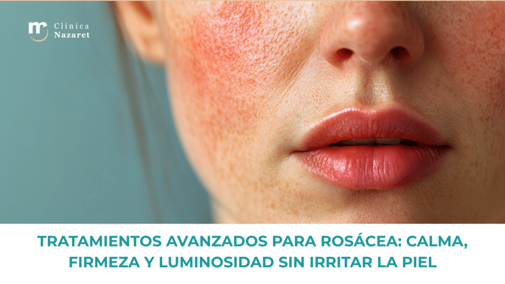 Primer plano de un rostro con rosácea y enrojecimiento en mejillas, mostrando irritación y textura característica de piel sensible.
